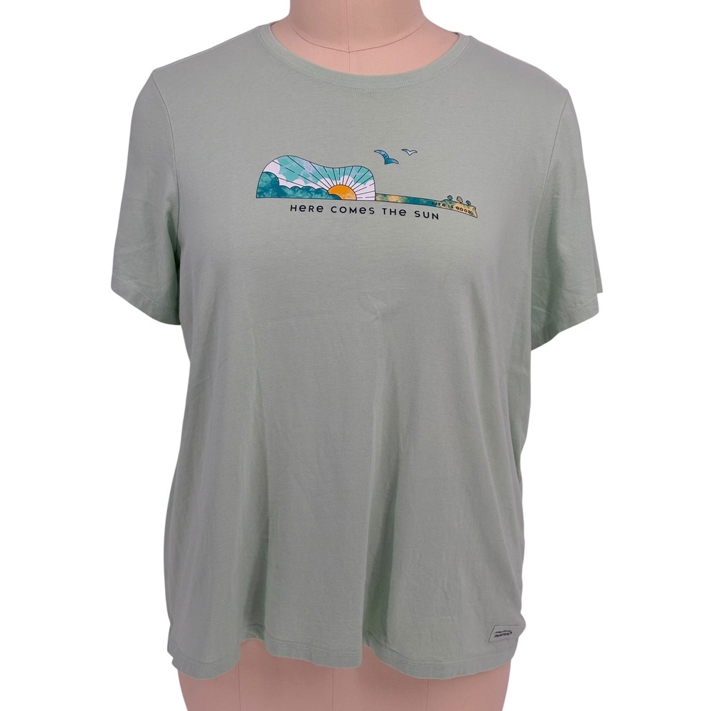 Life is Good Graphic T-Shirt Sage Green Here Comes The Sun 100% Cotton L